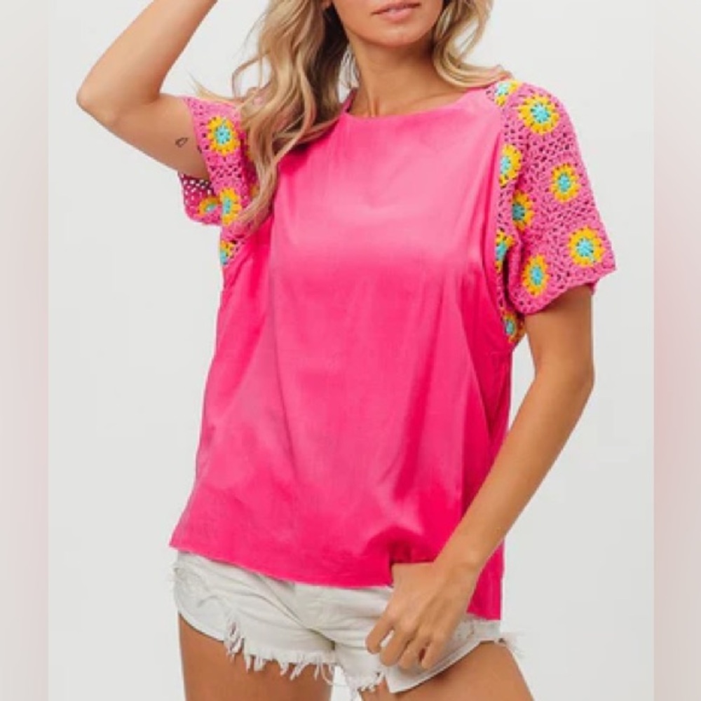 NEW! BiBi Hot Pink Flowers Crochet Flowers Sleeves Top